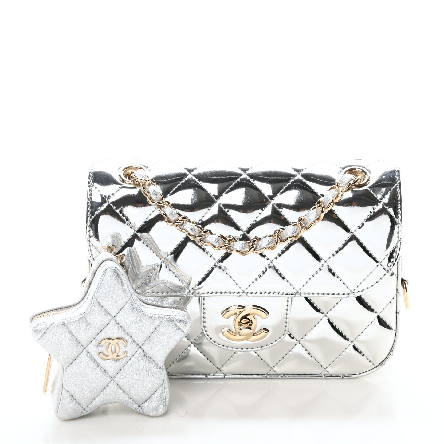 Mirror Calfskin Metallic Calfskin Quilted Hollywood Boulevard Mini Flap With Star Coin Purse Silver