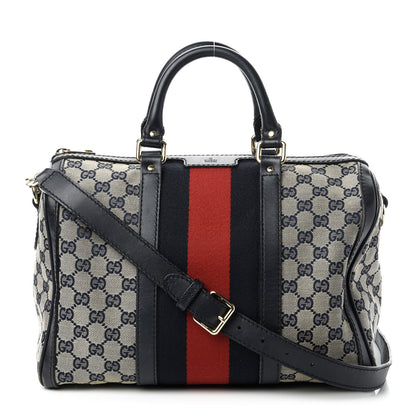 Gucci Monogram Selleria Calfskin Vintage Web Medium Boston Beige Blue 1 of 11