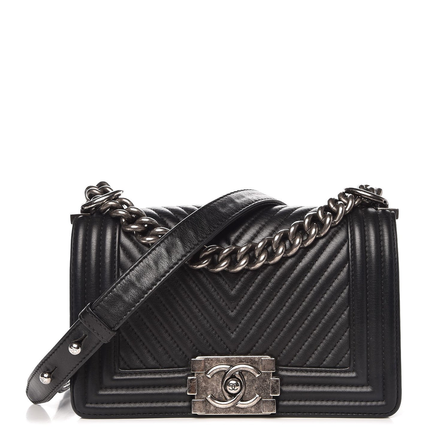 Calfskin Chevron Quilted Small Boy Flap Black