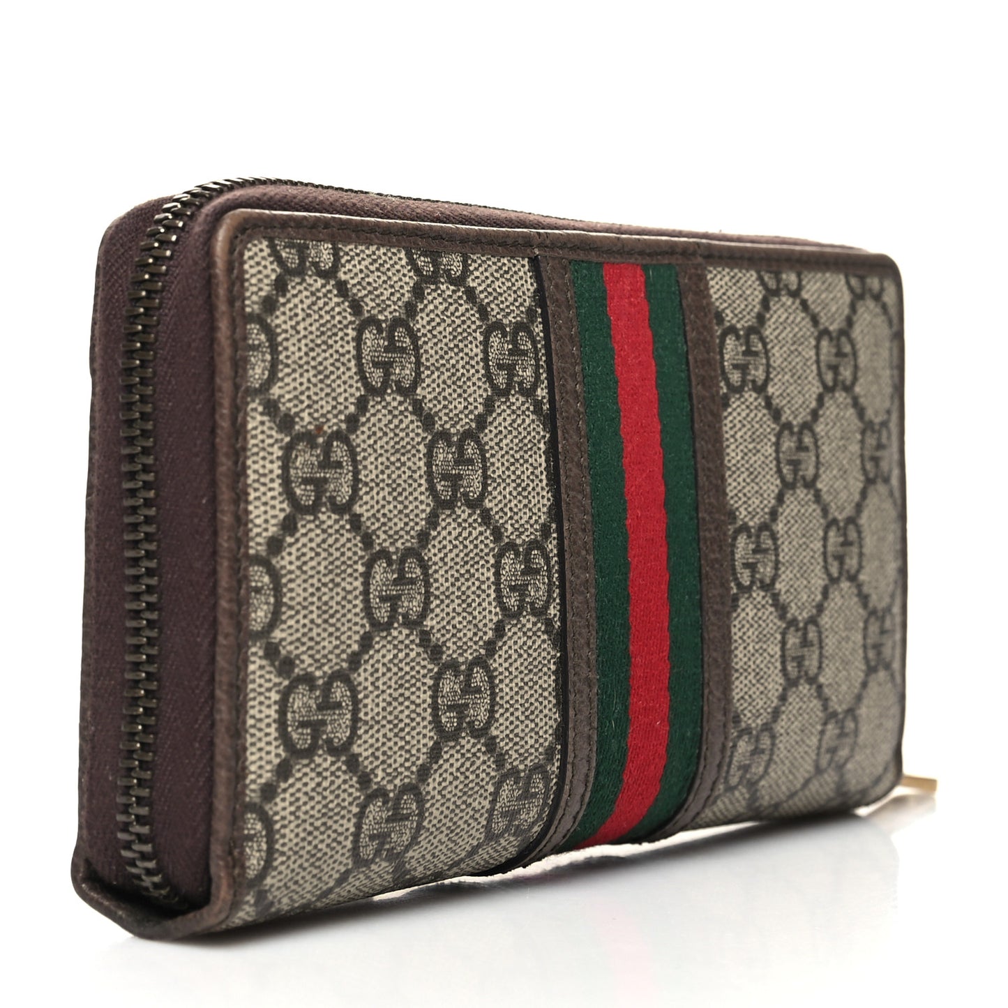 GG Supreme Monogram Web Ophidia Zip Around Wallet Brown