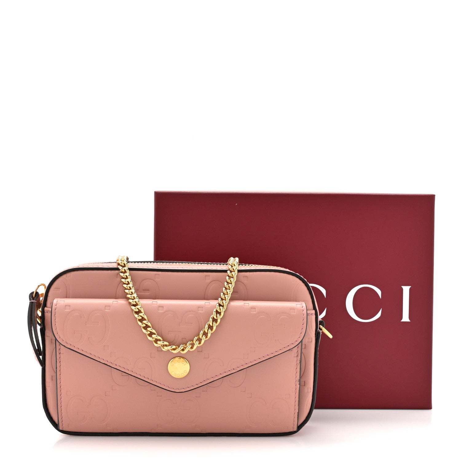 Gucci Calfskin GG Super Mini Debossed Chain Wallet Dust Carmine 11 of 11