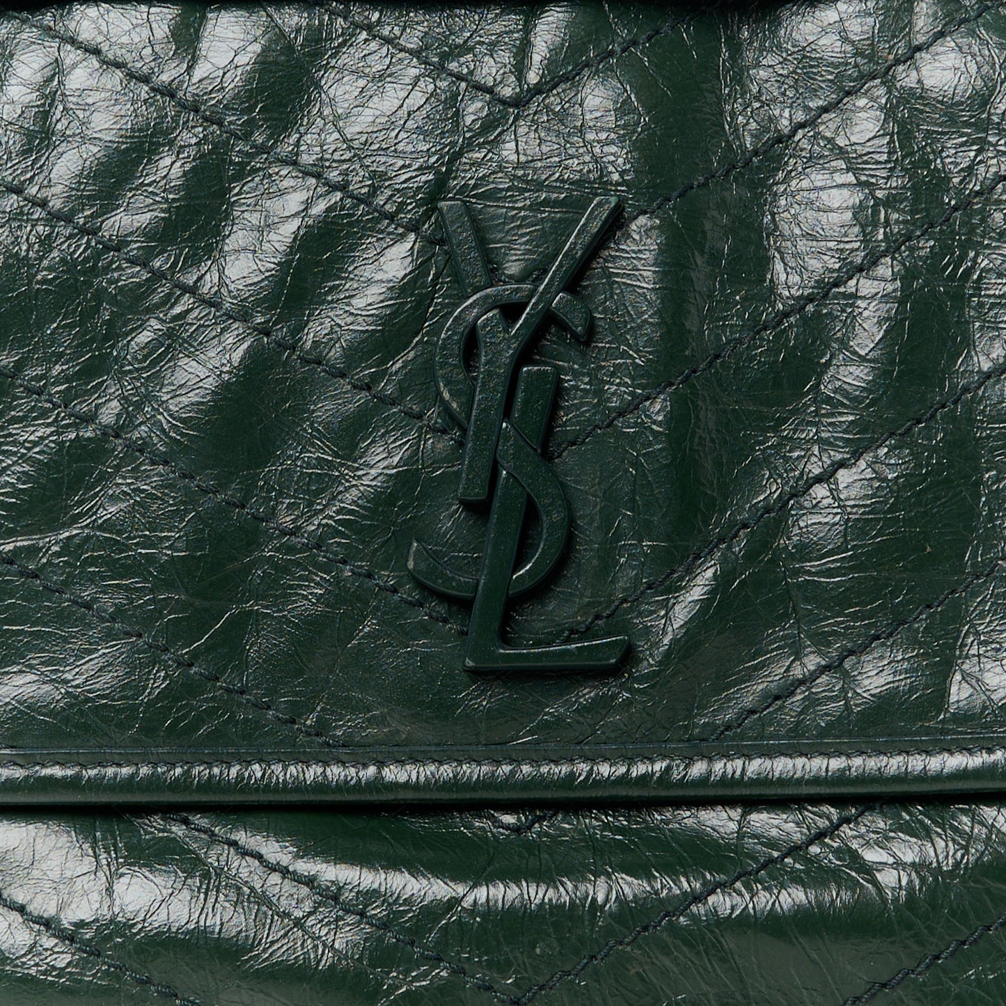Crinkled Calfskin Matelasse Monogram Medium Niki Chain Satchel Military Olive