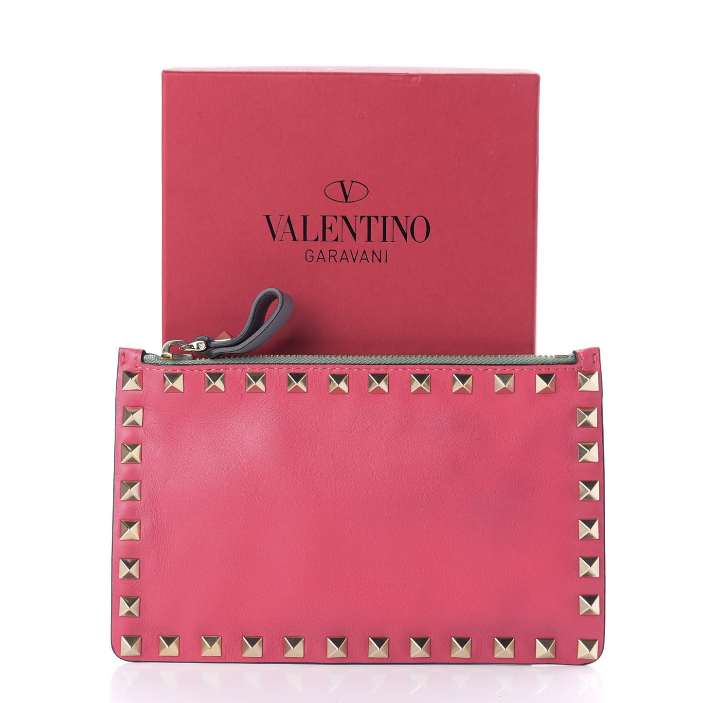 Vitello Italian Pop Small Rockstud Zip Pouch Deep Rose Scarlet