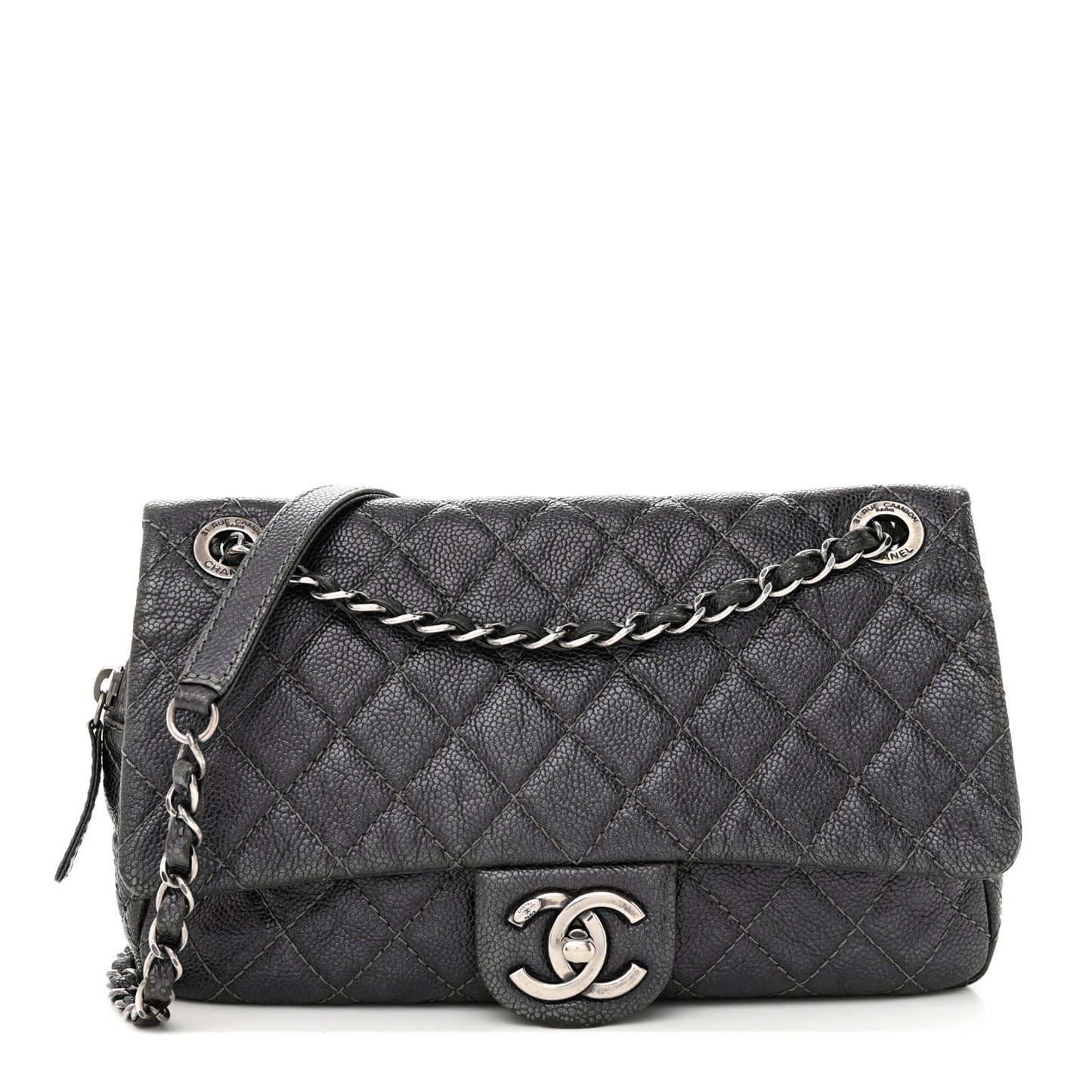Iridescent Caviar Quilted Small Chic Flap Grey