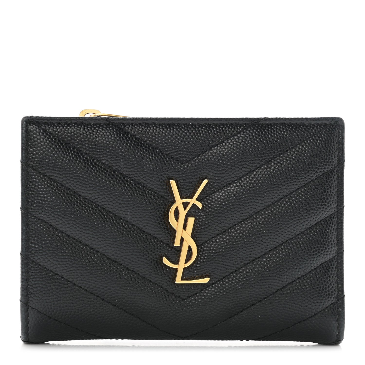 Saint Laurent Grain De Poudre Matelasse Chevron Monogram Zipped Two-Part Wallet Black 1 of 7