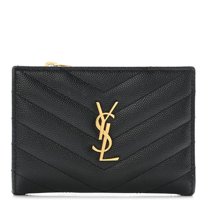 Saint Laurent Grain De Poudre Matelasse Chevron Monogram Zipped Two-Part Wallet Black 1 of 7