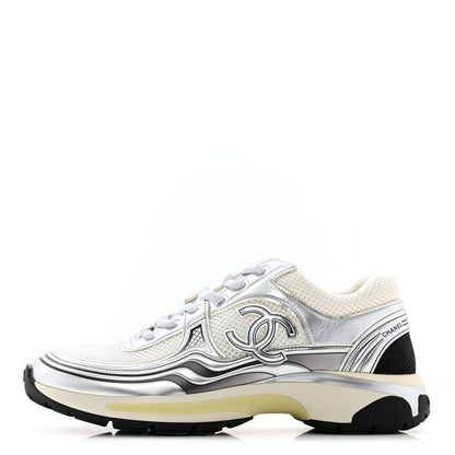 Chanel Fabric Laminated Calfskin Stretch CC Sneakers 40 White Gold Silver 1 of 10