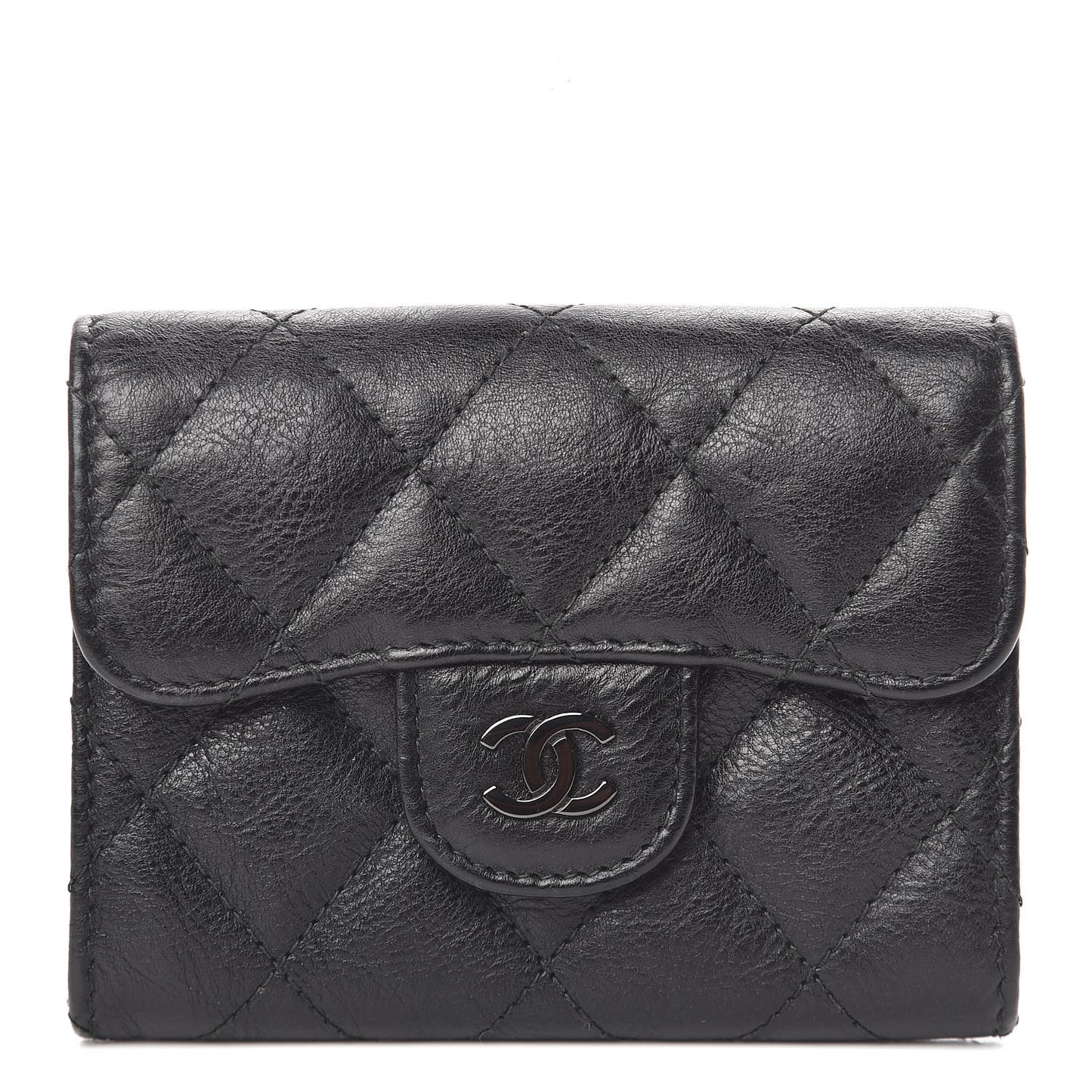 Crumpled Calfskin Quilted Flap Card Holder Wallet So Black