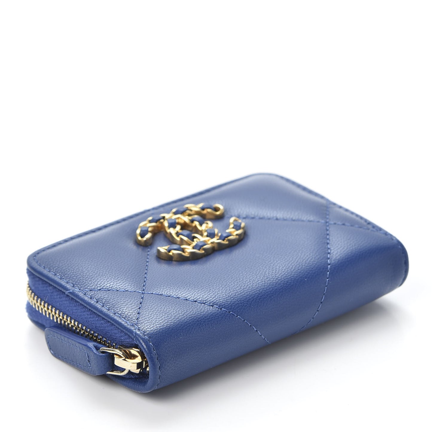 Goatskin Quilted 19 Zip Around Coin Purse Wallet Dark Blue