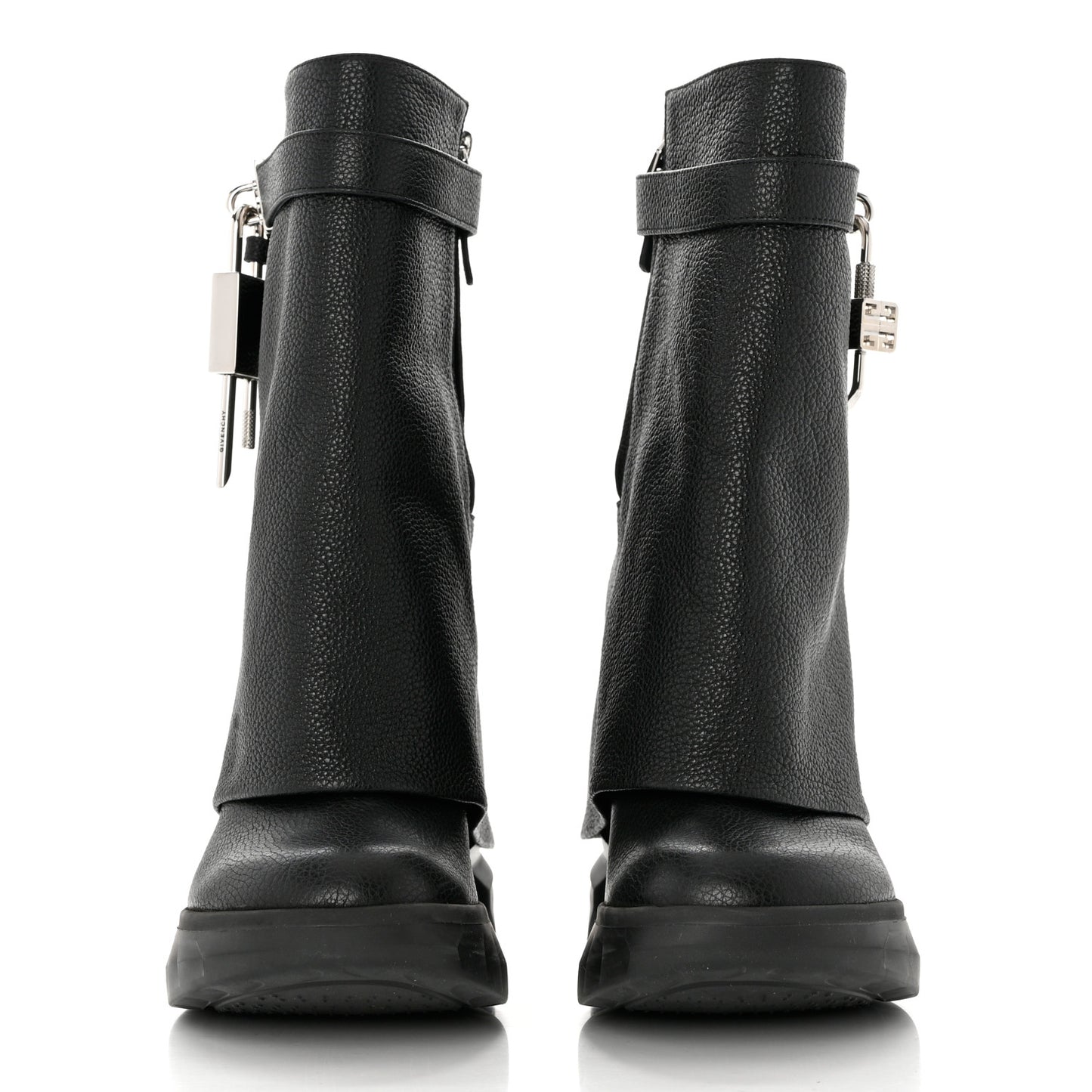 Grained Calfskin Shark Lock Biker Ankle Boots 41 Black