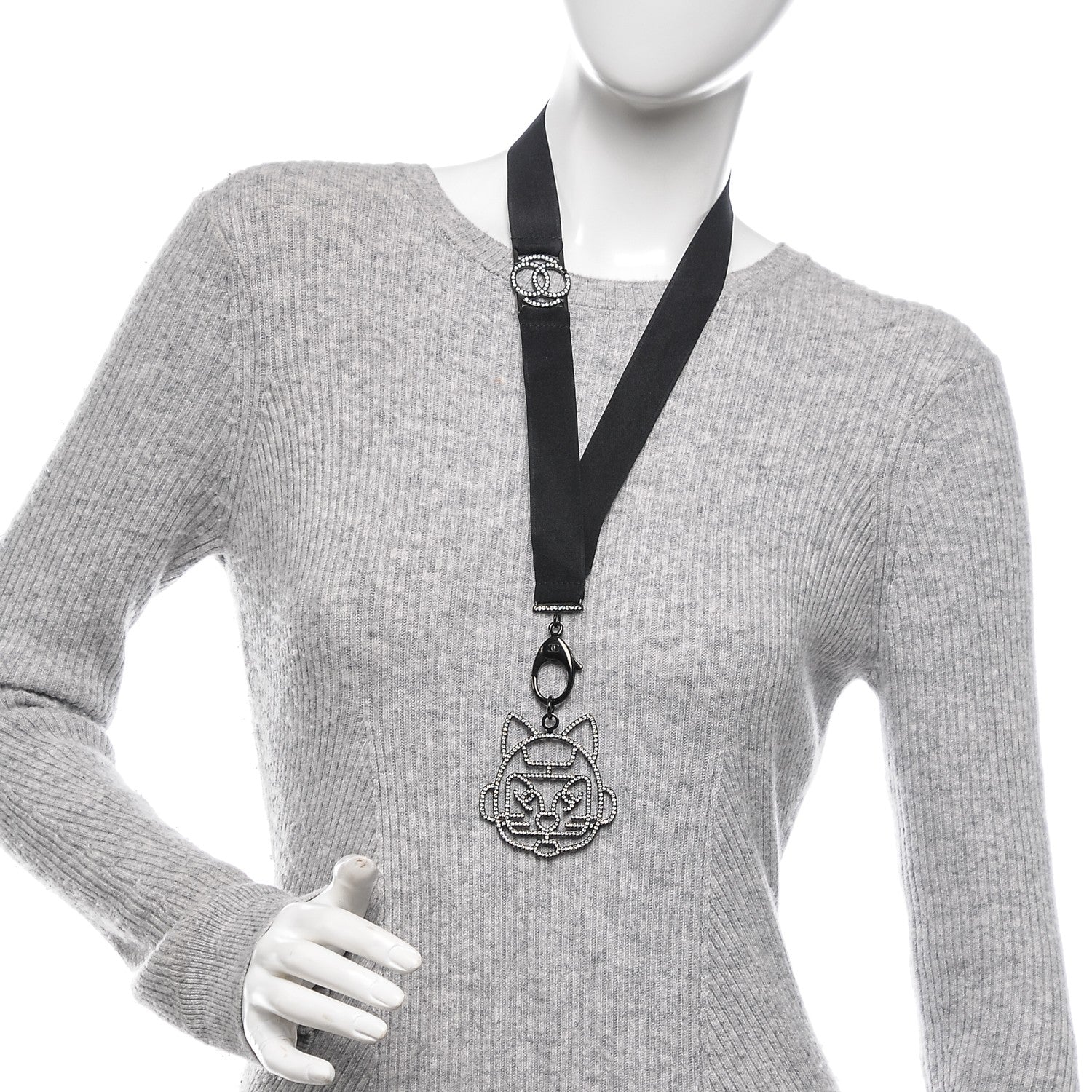 Chanel Crystal CC Emoji Robot Cat Lanyard Necklace Black Silver 2 of 7