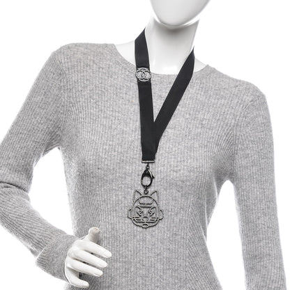 Chanel Crystal CC Emoji Robot Cat Lanyard Necklace Black Silver 2 of 7