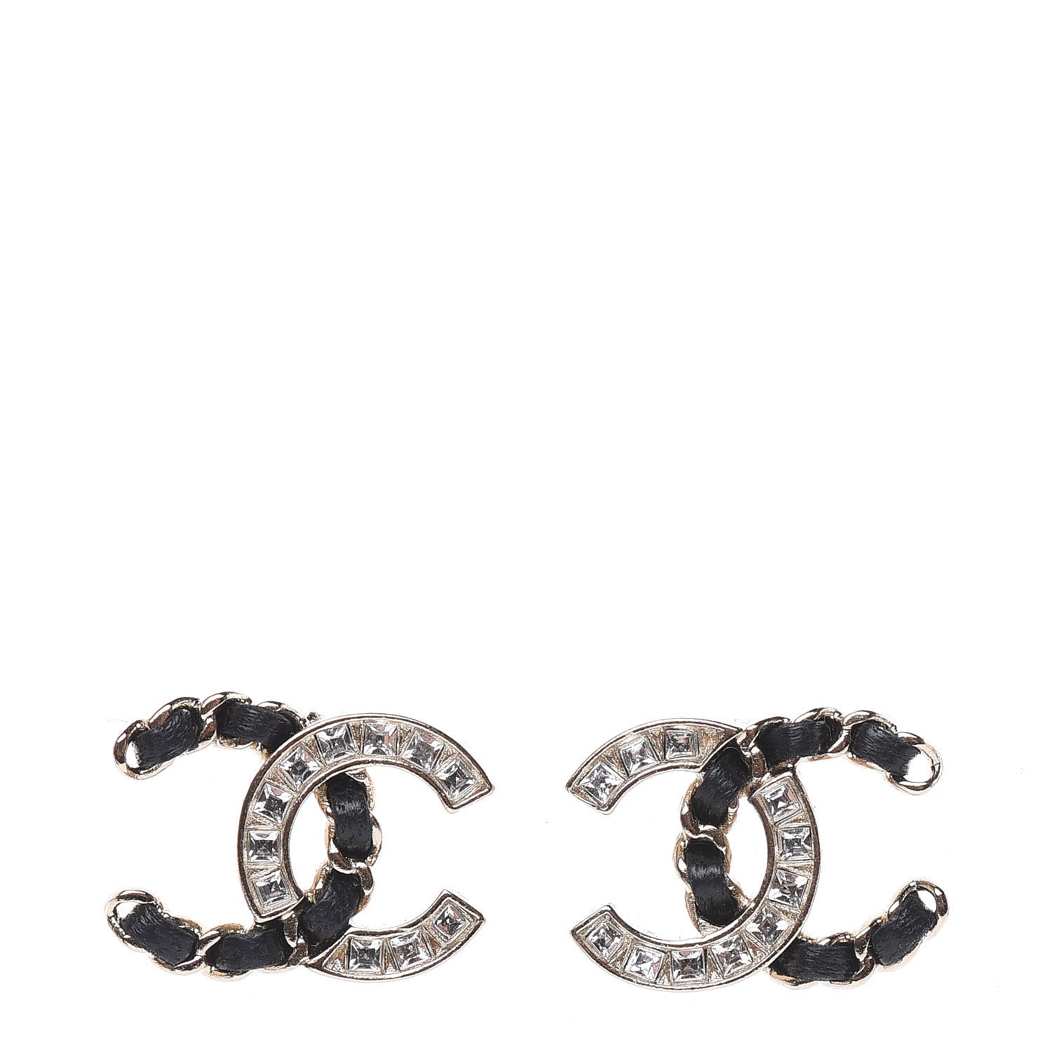 Chanel Crystal Baguette Lambskin Chain CC Vintage Allure Stud Earrings Black Gold 1 of 5
