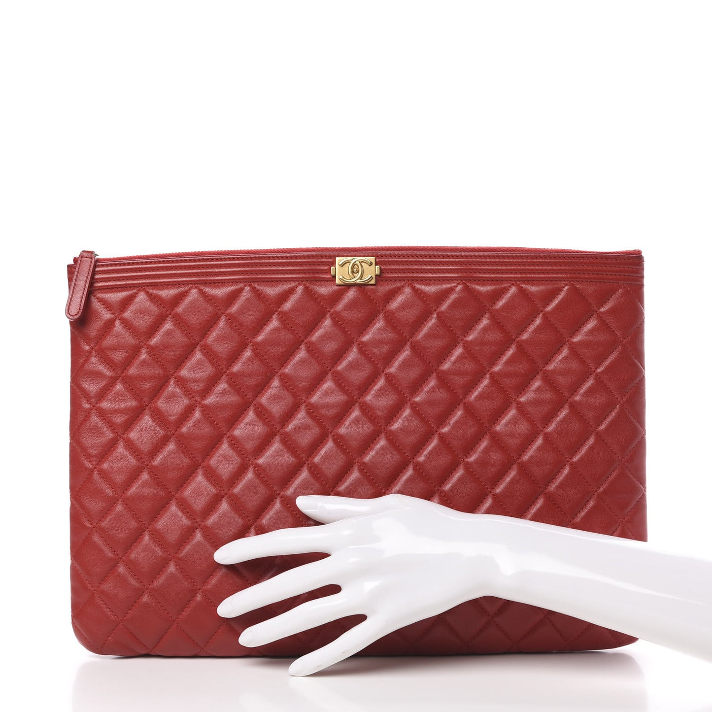 Lambskin Quilted Large Boy Zip Pouch Red