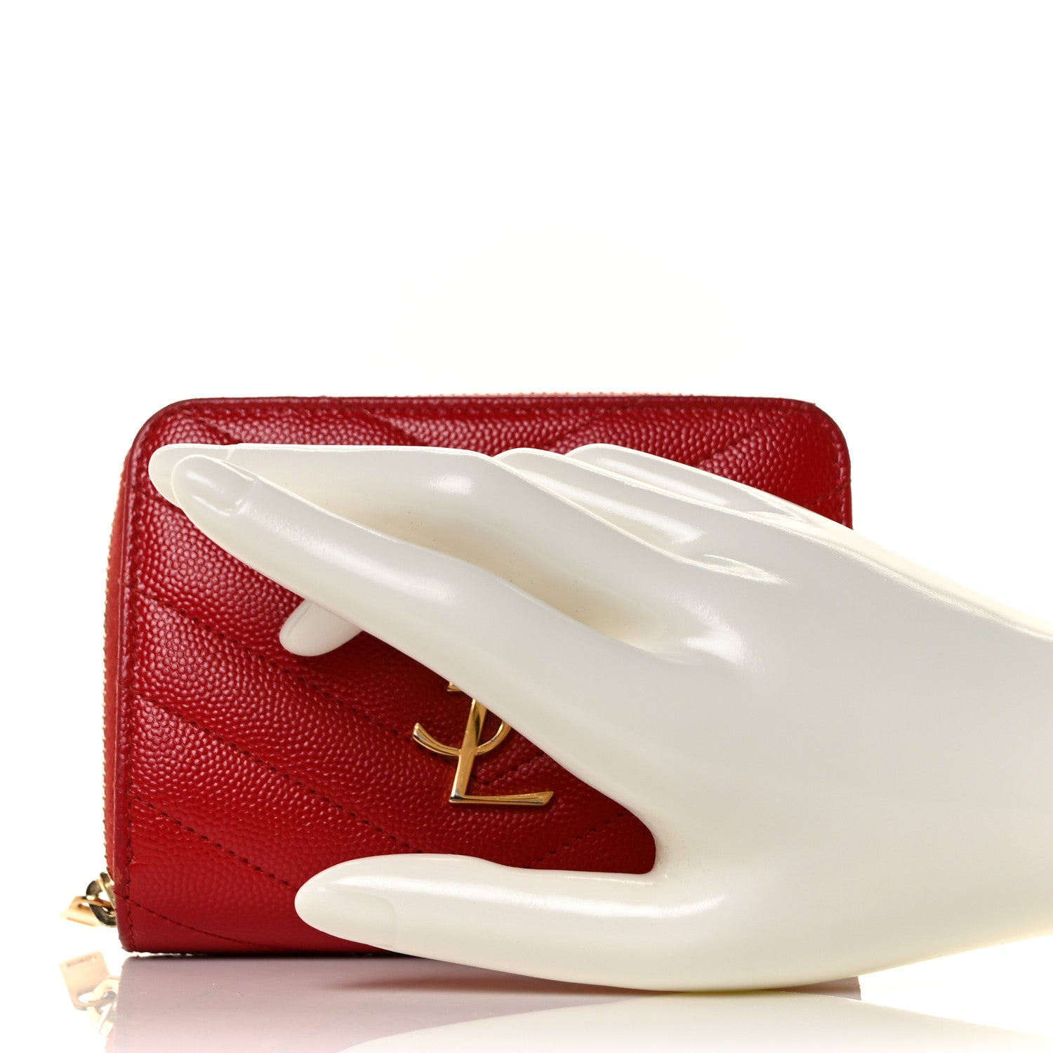 Saint Laurent Grain De Poudre Matelasse Chevron Monogram Compact Zip Around Wallet Red 2 of 8