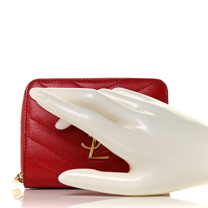 Saint Laurent Grain De Poudre Matelasse Chevron Monogram Compact Zip Around Wallet Red 2 of 8