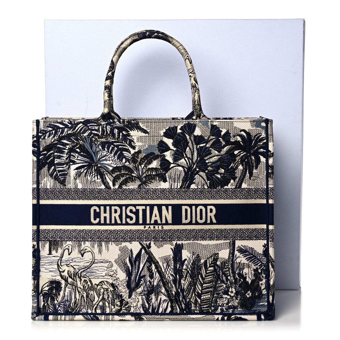 Canvas Embroidered Large Palm Tree Toile De Jouy Book Tote Blue
