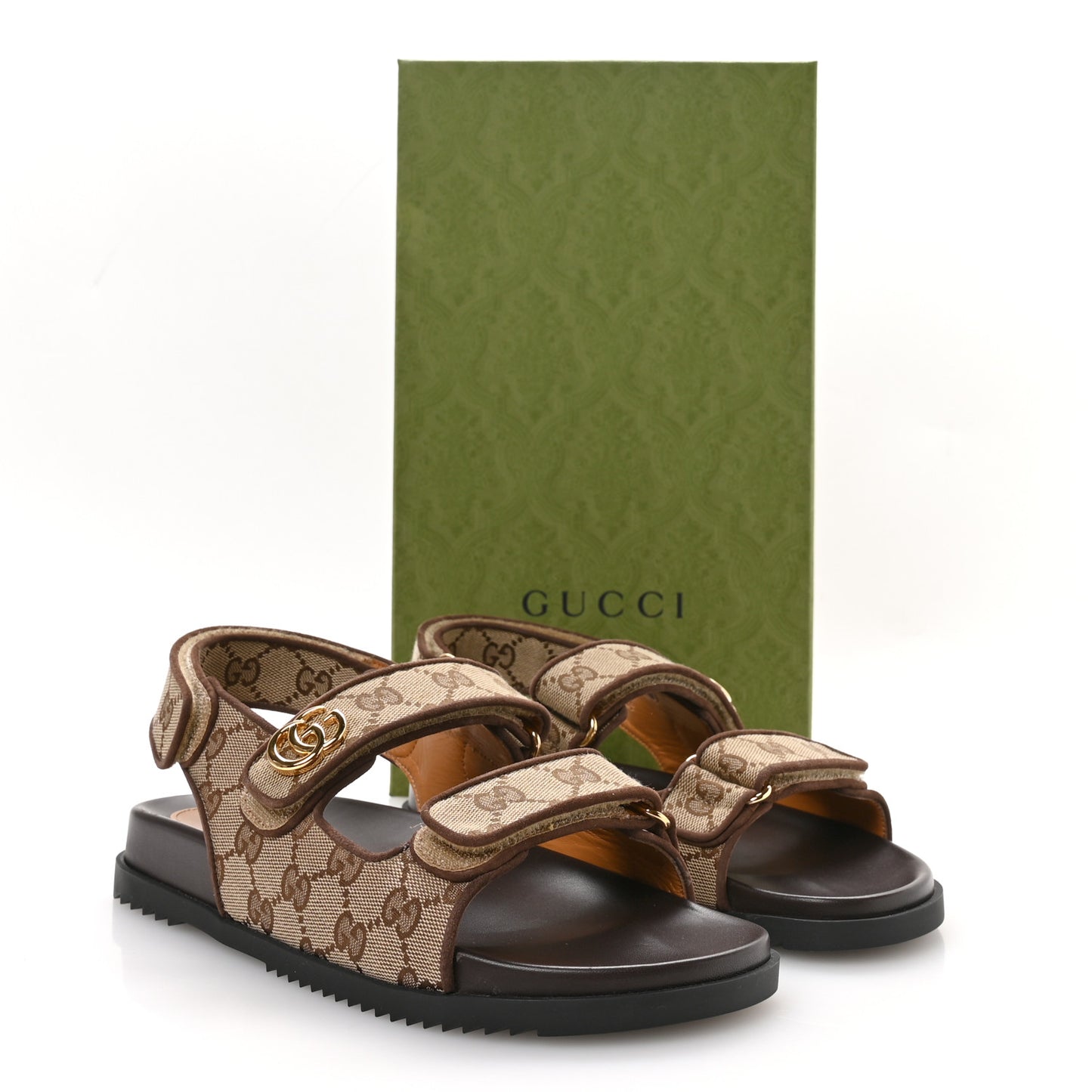 GG Monogram Lavaredo Eco Fabric Womens Slide Sandals With Straps 39 Beige Ebony Light Brown