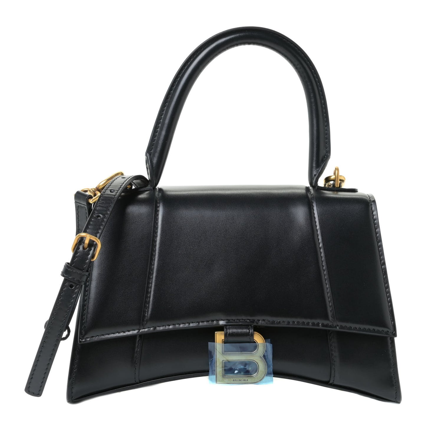 Shiny Box Calfskin Small Hourglass Top Handle Bag Black