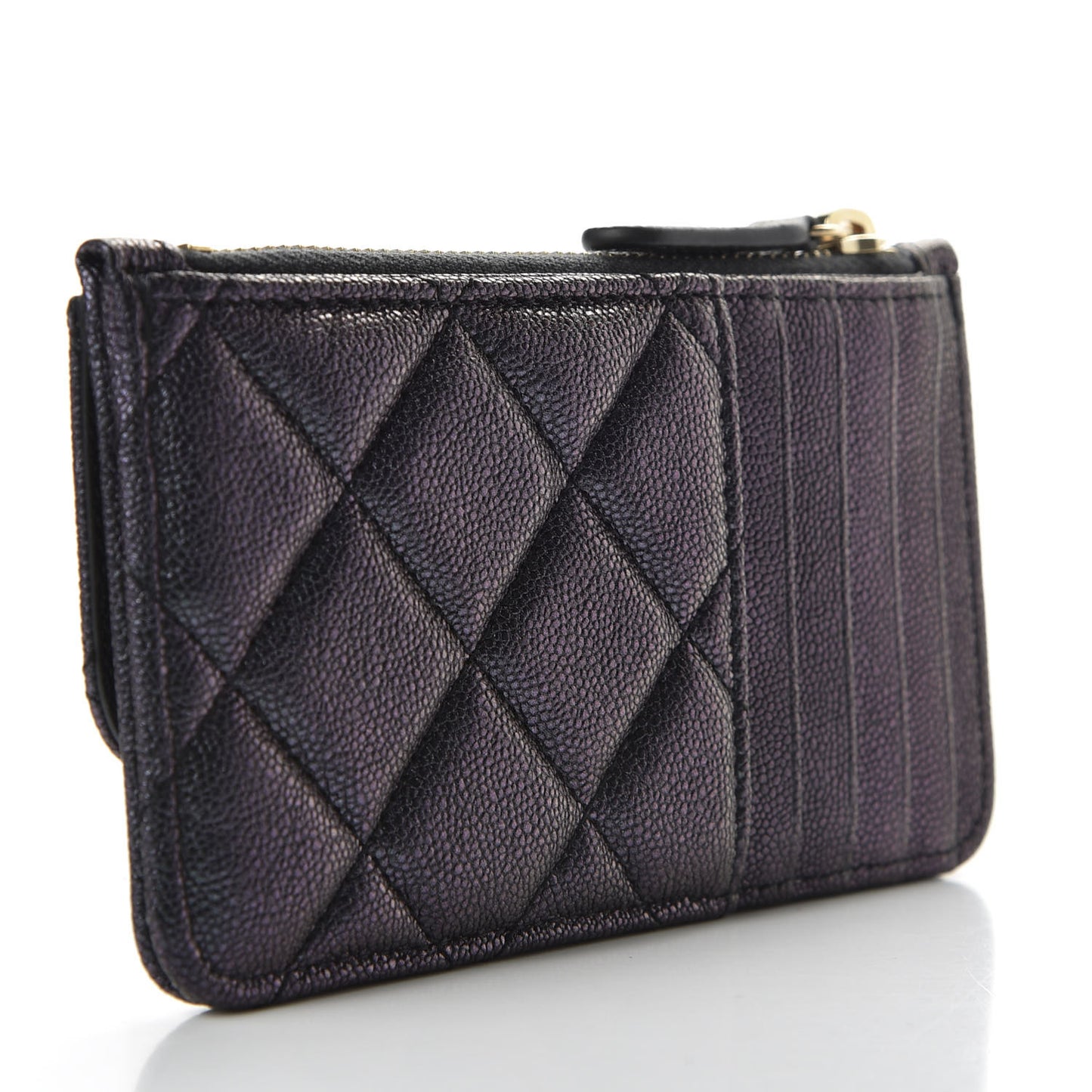 Iridescent Caviar Quilted Flap Zip Card Holder Black