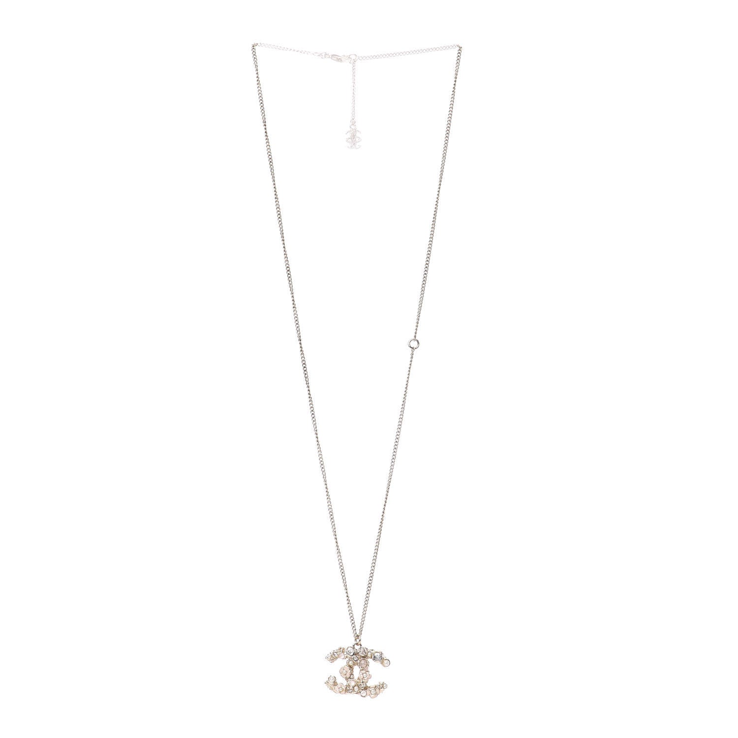 Chanel Crystal Pearl Enamel Camellia CC Pendant Necklace Pink Gold 3 of 4