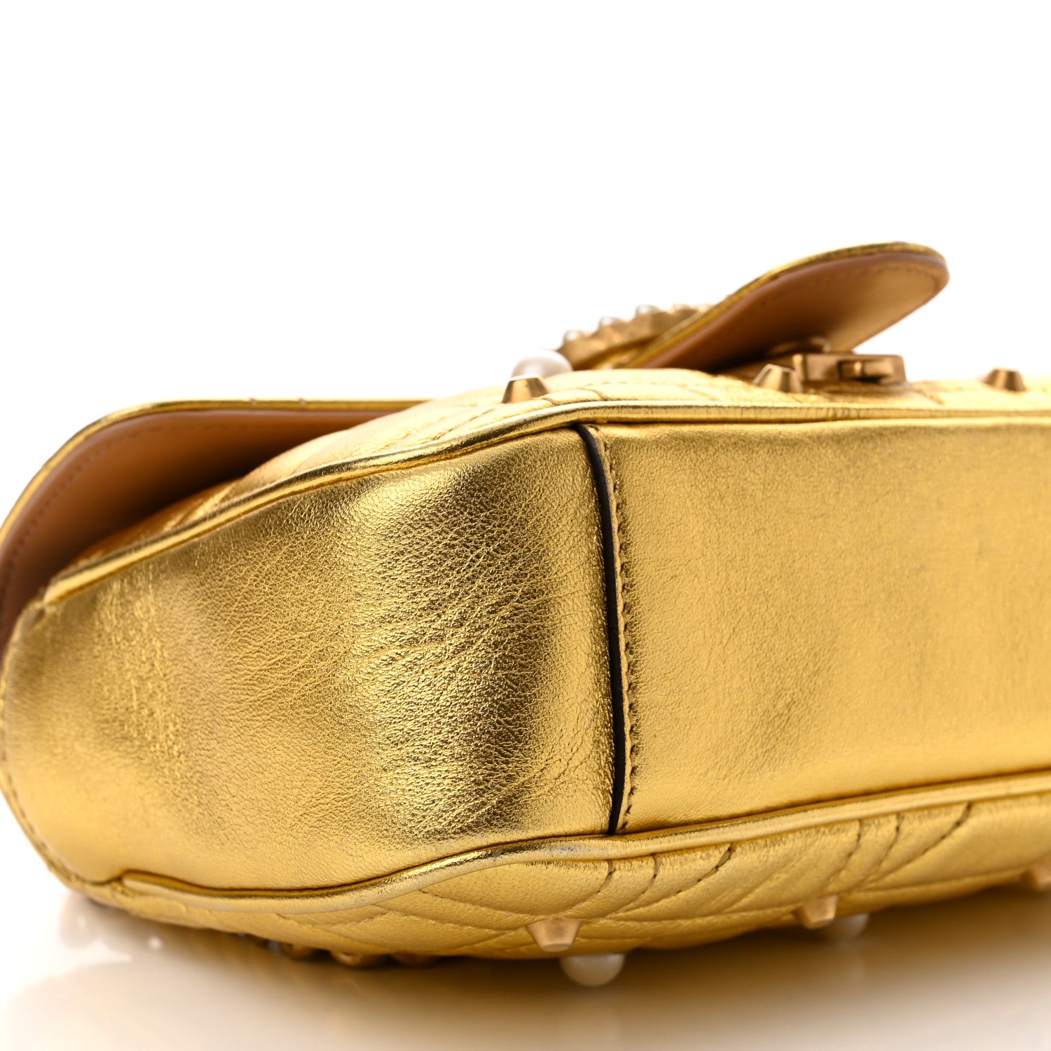 Gucci Metallic Calfskin Matelasse Studded Mini Pearly GG Marmont Shoulder Bag Gold 9 of 14
