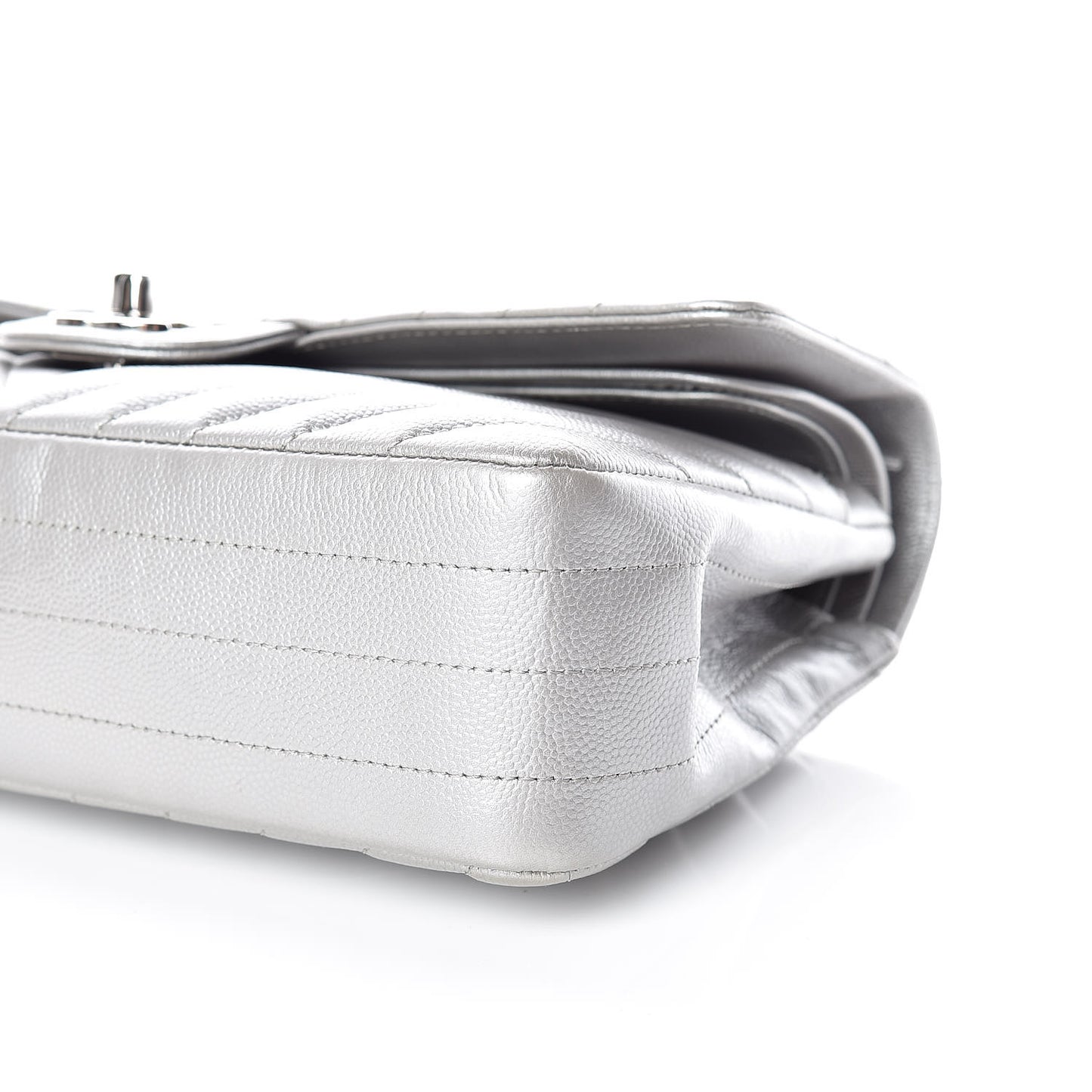 Metallic Caviar Chevron Quilted Medium Double Flap Silver