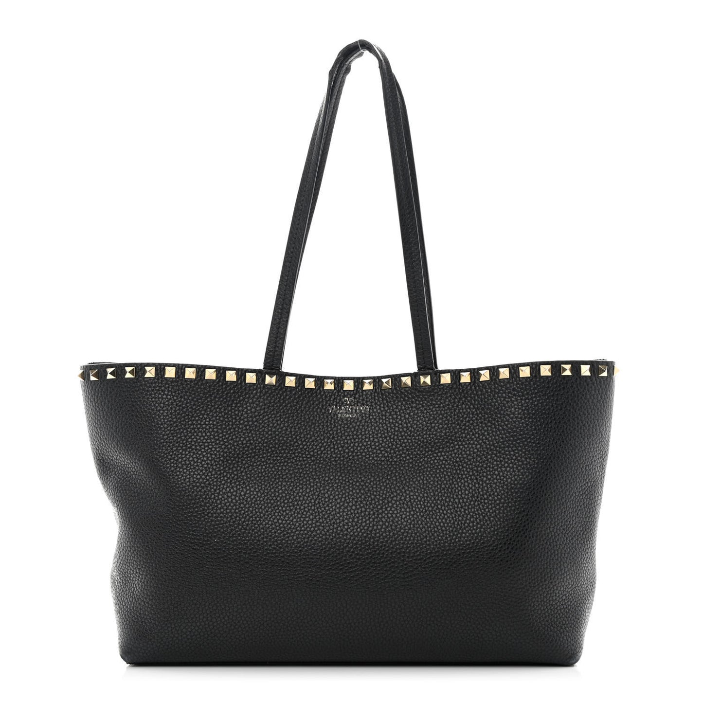 Grained Calfskin Small Rockstud Shoulder Tote Black