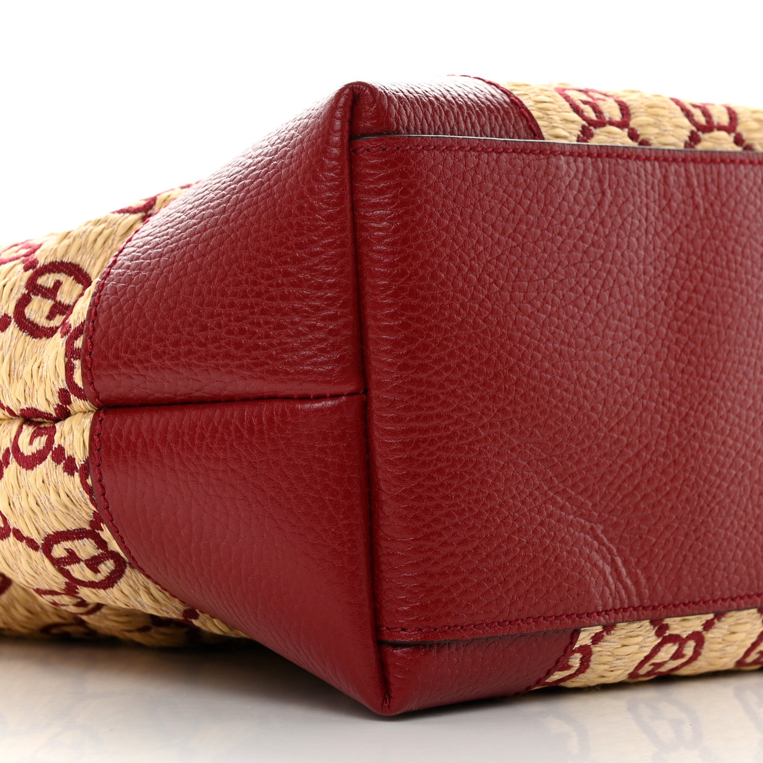 Gucci Straw Jacquard Dollar Calfskin GG Monogram Medium Ophidia Shopping Tote Natural New Cherry Red 9 of 10