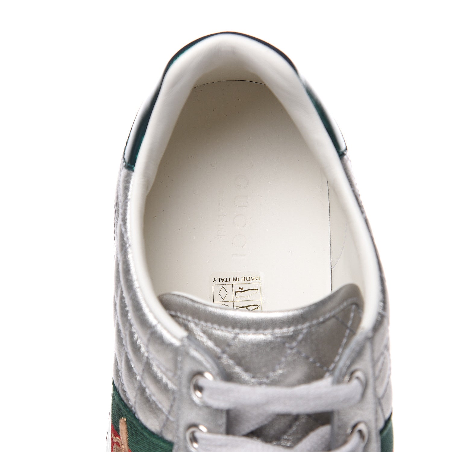 Gucci Laminated Nappa Crystal Web Bee Embroidered Trapuntata Womens Ace Platform Sneakers 38.5 Argento 6 of 7