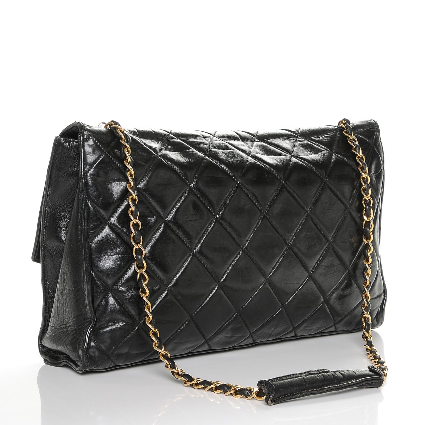 Lambskin Quilted Large Shoulder Flap Bag Black