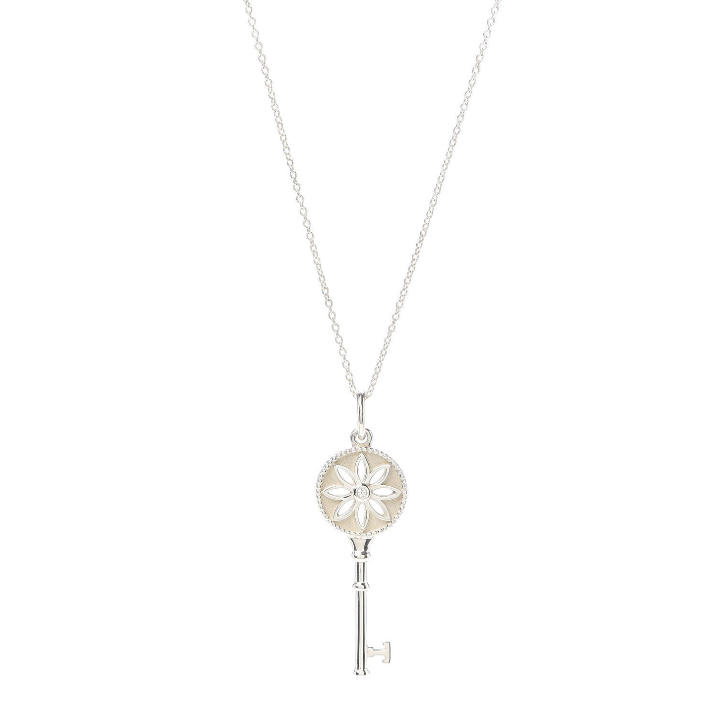 Sterling Silver Diamond Small Daisy Key Pendant Necklace