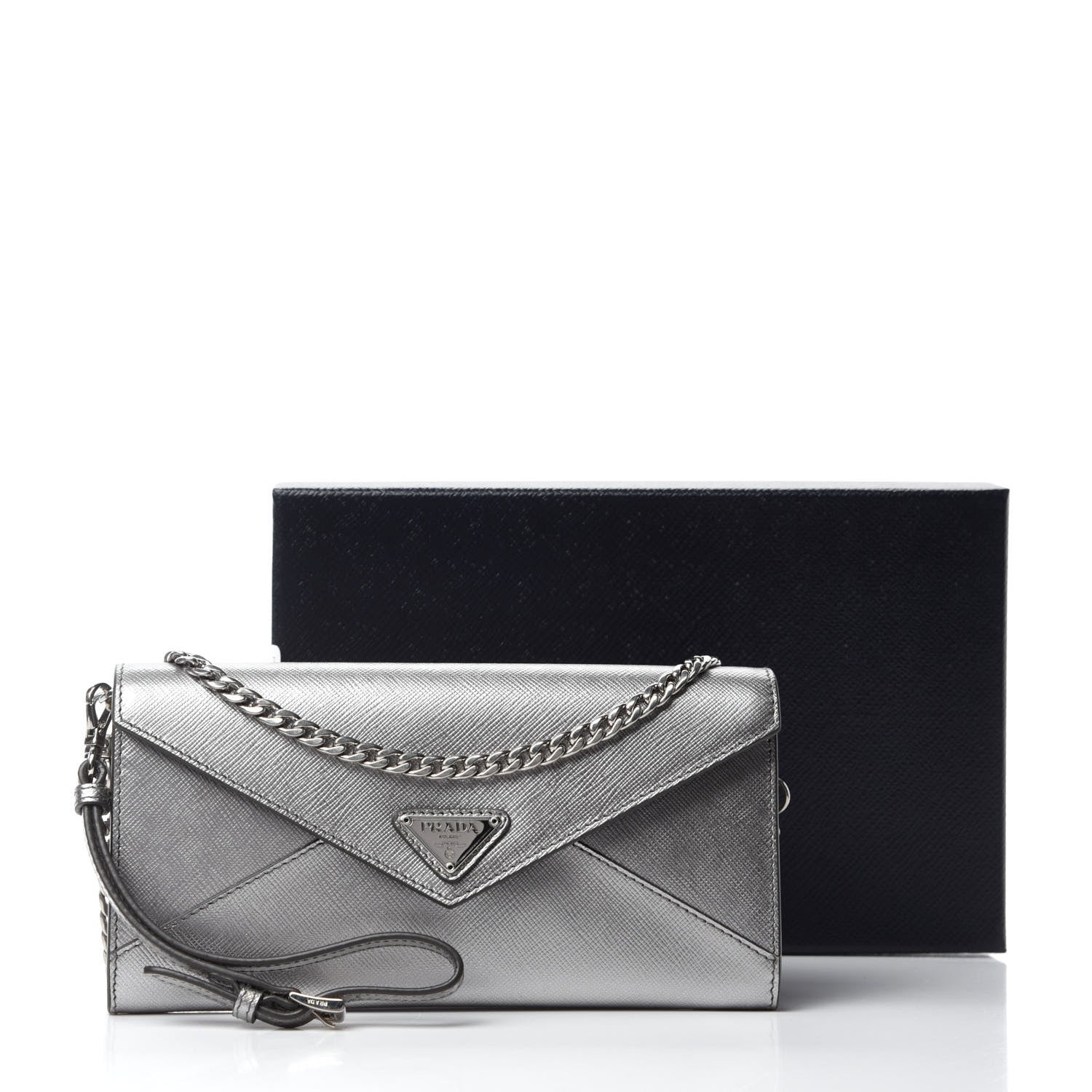 Prada Metallic Saffiano Triangle Mini Crossbody Bag Cromo 11 of 11