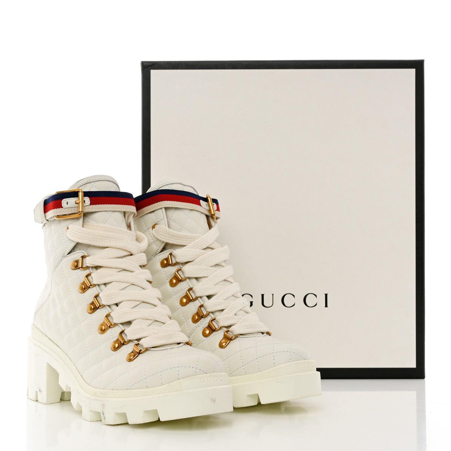 Gucci Calfskin Quilted Sylvie Web Lace Up Combat Ankle Boots 38.5 White 11 of 12