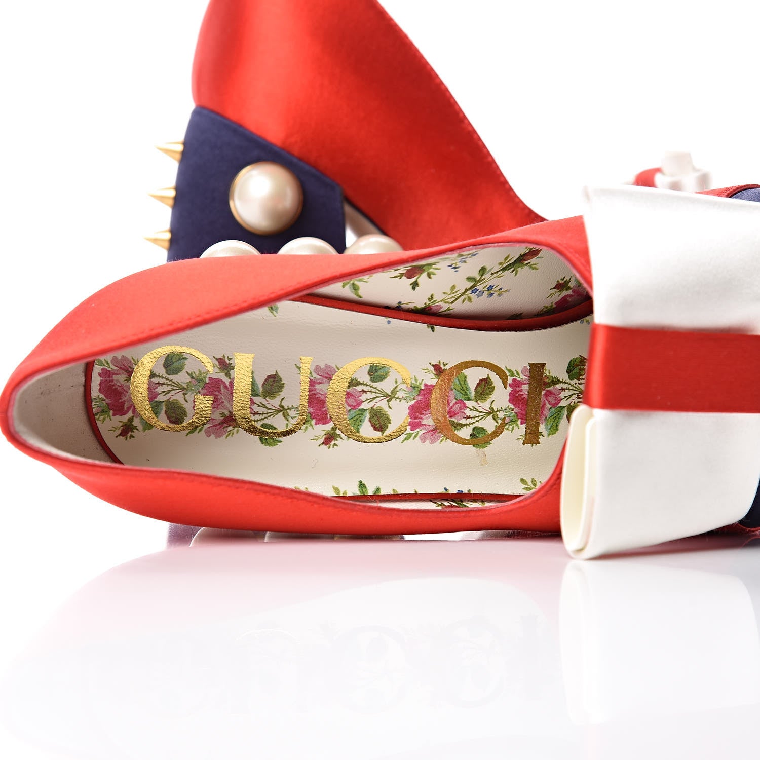 Gucci Silk Satin Pearl Studded Luna Bow Pumps 36.5 Navy Blue 6 of 11