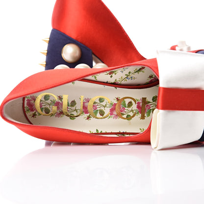 Gucci Silk Satin Pearl Studded Luna Bow Pumps 36.5 Navy Blue 6 of 11