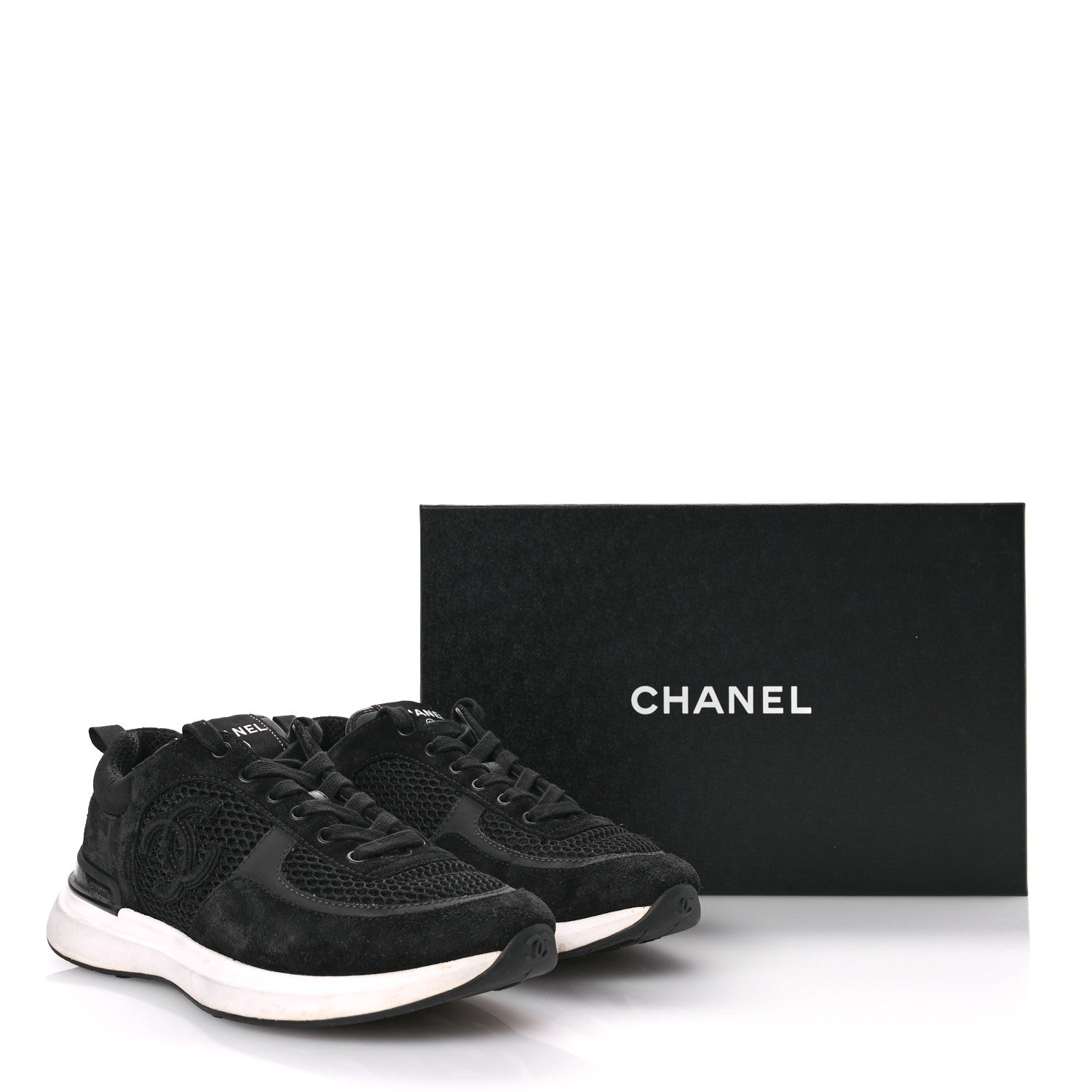 Chanel Calfskin Mesh Lycra Suede Womens Logo Sneakers 39 Black 9 of 9
