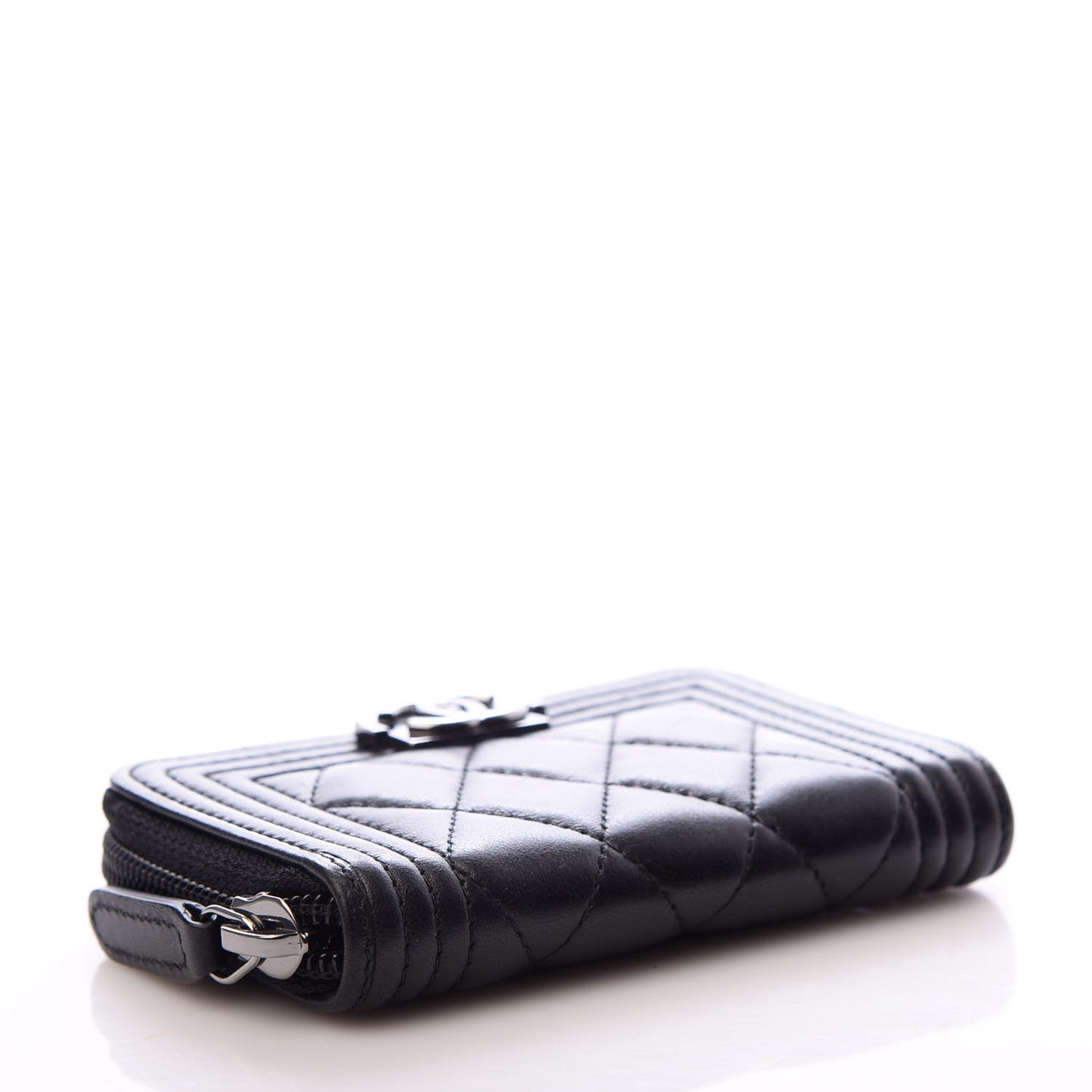 Lambskin Quilted Zip Around Boy Coin Purse Wallet Black