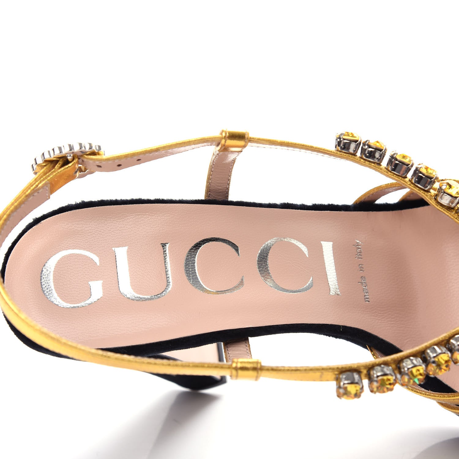 Gucci Velvet Nappa Crystal Zephyra Slingback Platform High Heel Sandals 37.5 Black Gold 8 of 10