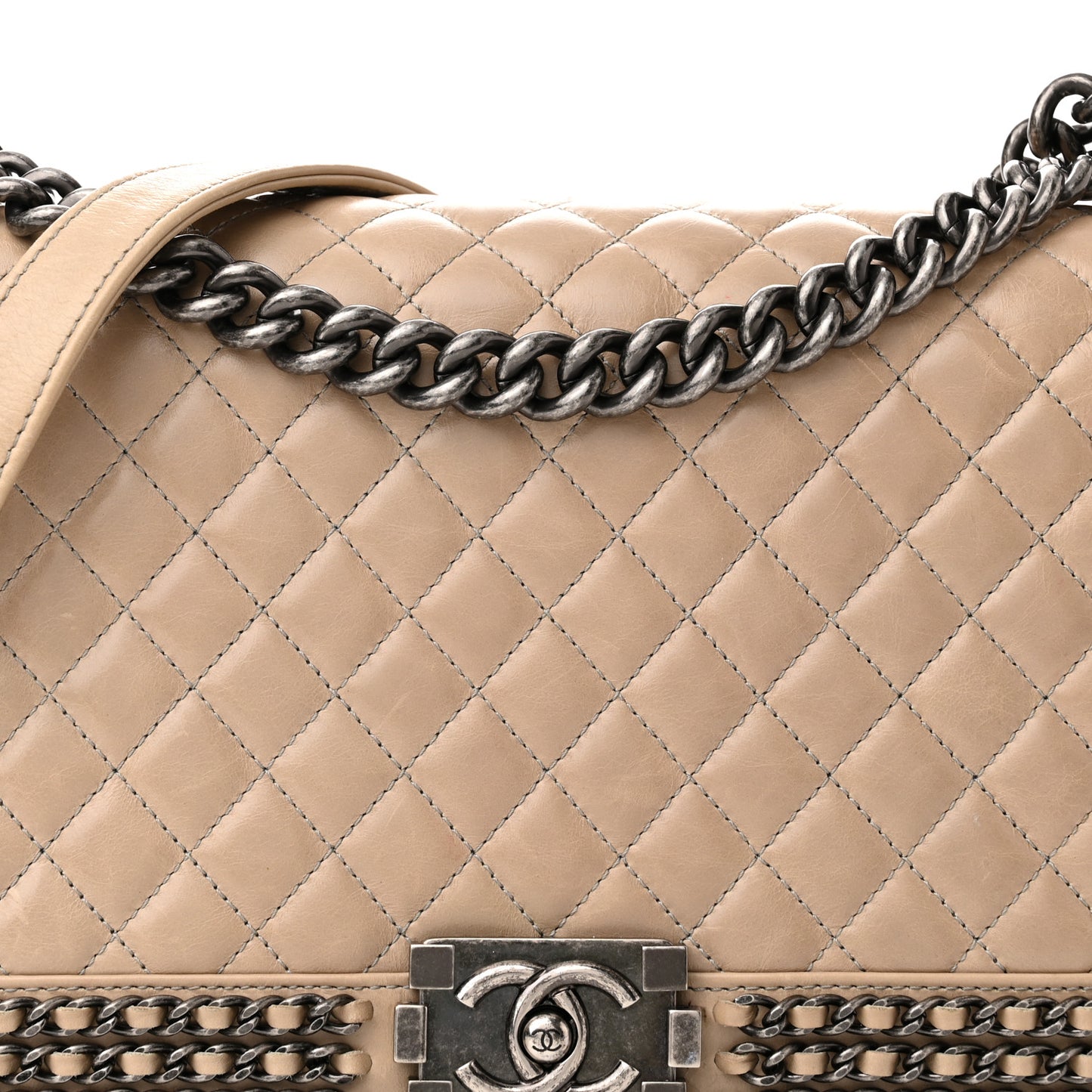 Glazed Calfskin Quilted New Medium Boy Chained Flap Beige