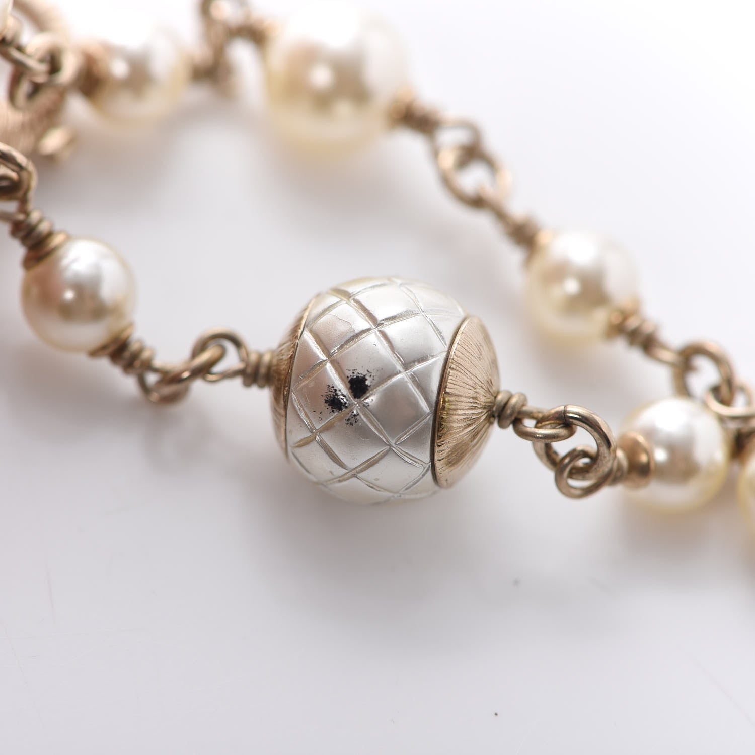Chanel Metal Quilted Pearl CC Long Necklace Light Gold 8 of 8