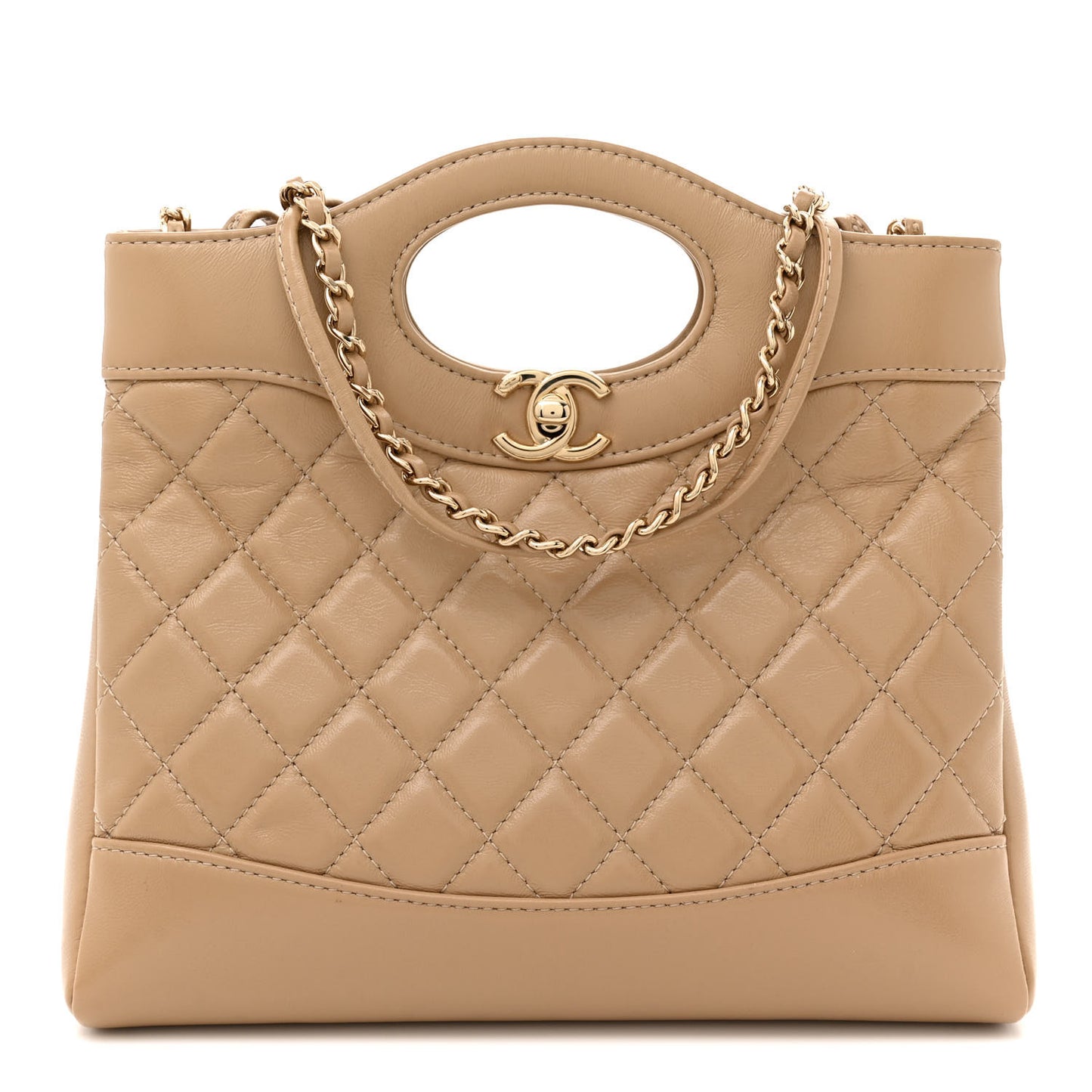 Shiny Crumpled Calfskin Quilted Mini 31 Shopping Bag Dark Beige