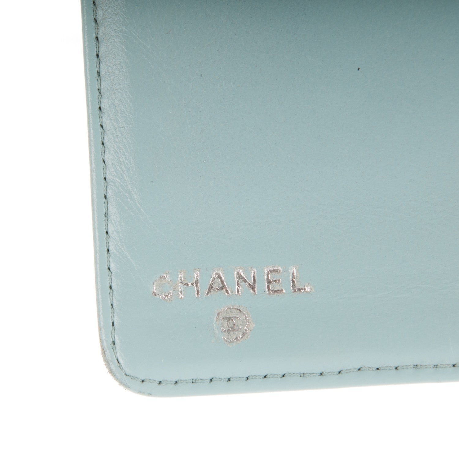 Chanel Lambskin Camellia Embossed Yen Wallet Light Blue 6 of 8