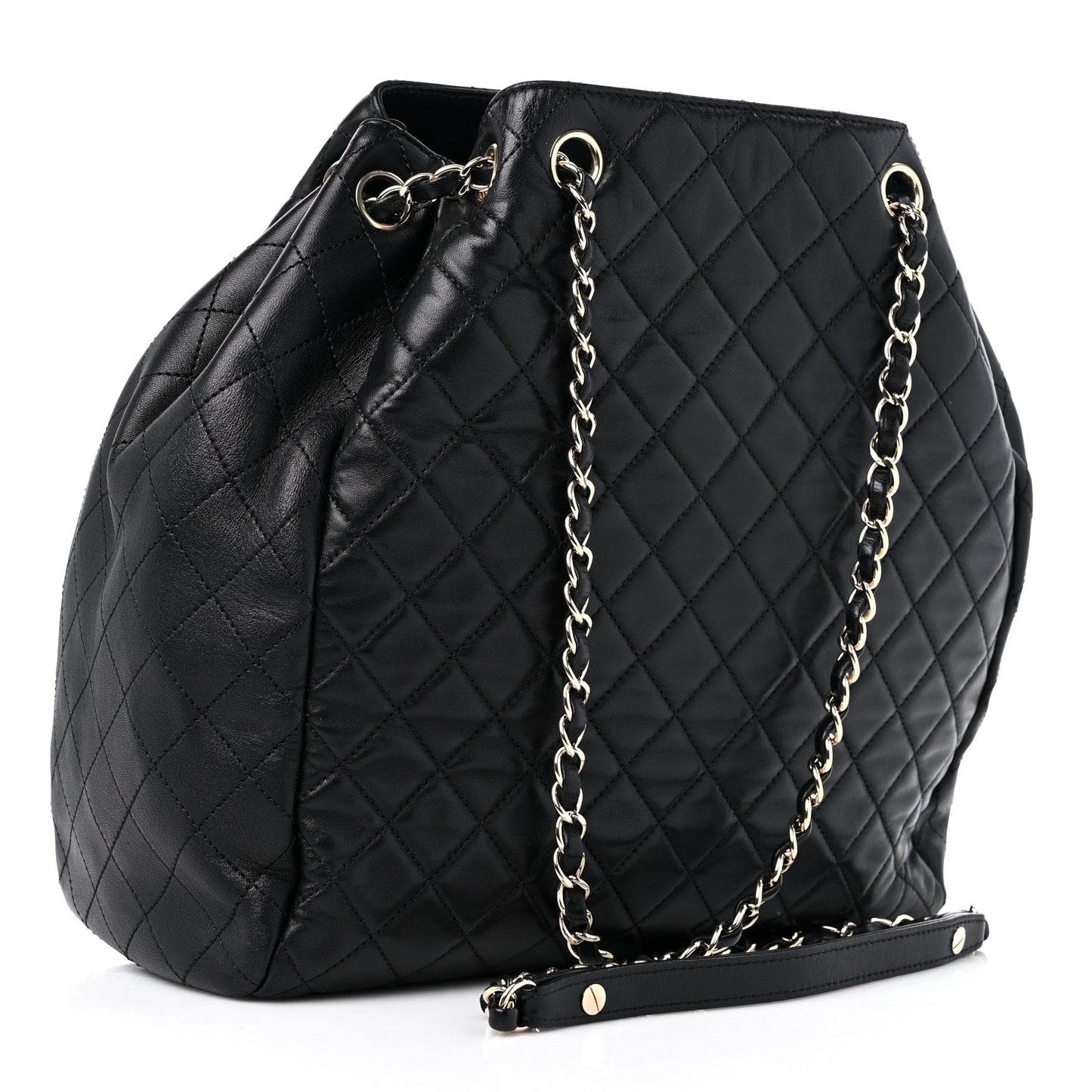 Lambskin Quilted Large Drawstring Bag Black