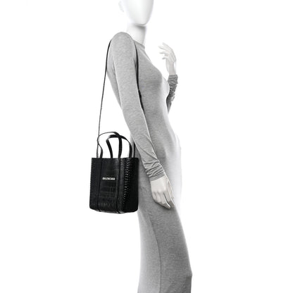 Balenciaga Shiny Calfskin Logo Crocodile Embossed XXS Everyday Tote Black 2 of 14