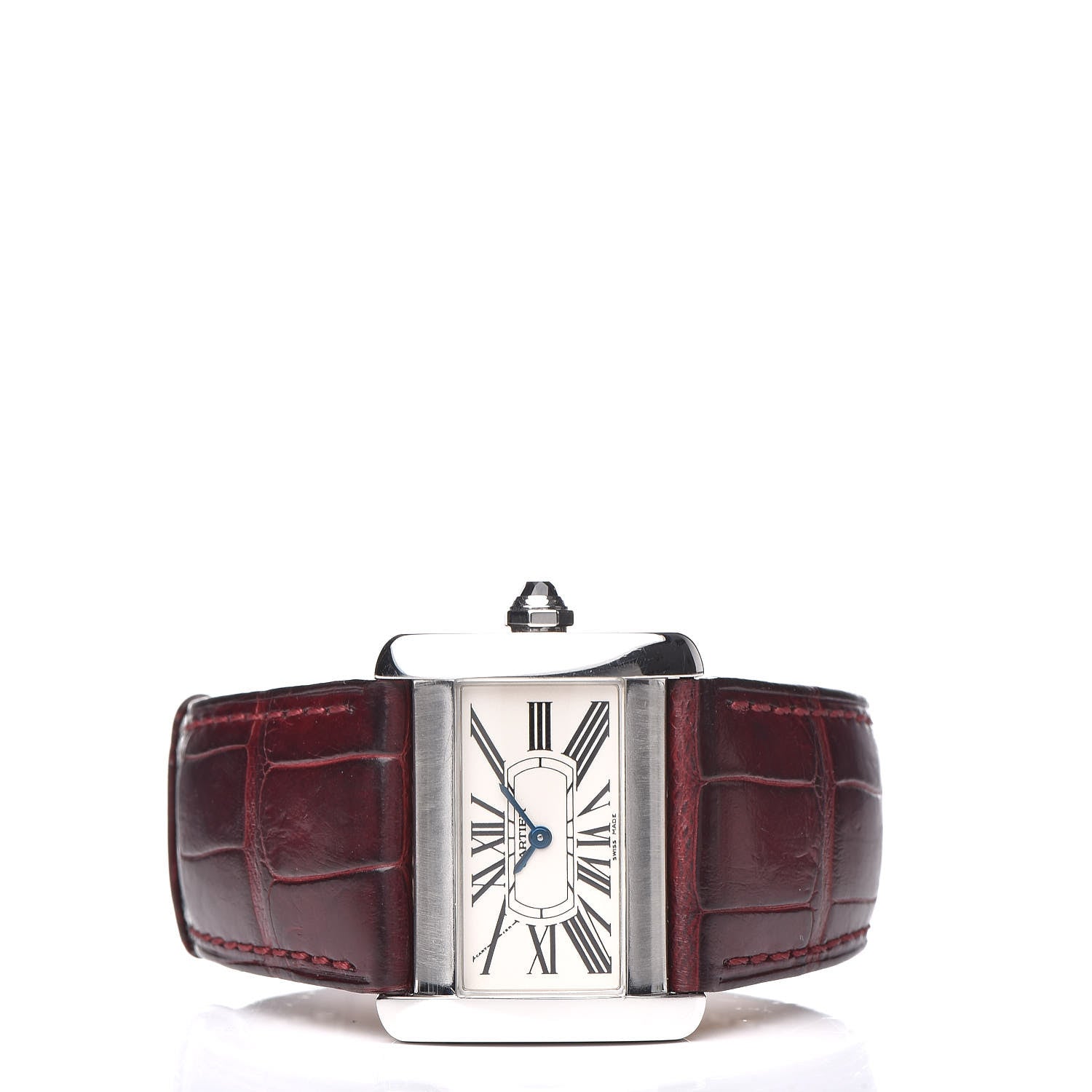 Cartier Stainless Steel Alligator 32mm Tank Divan Quartz Watch Burgundy 3 of 7