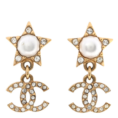 Chanel Crystal CC Pearl Star Drop Earrings Gold 1 of 5