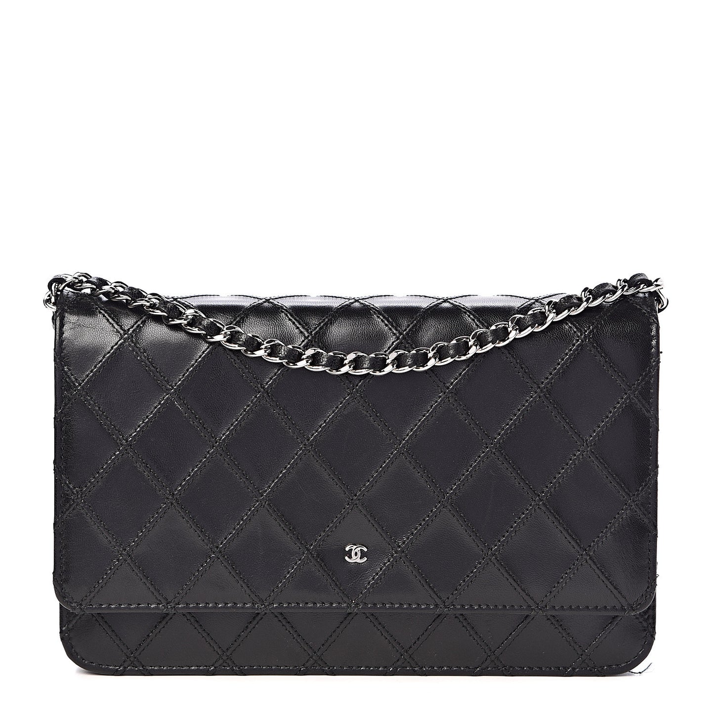 Lambskin Diamond Stitched Wallet On Chain WOC Black