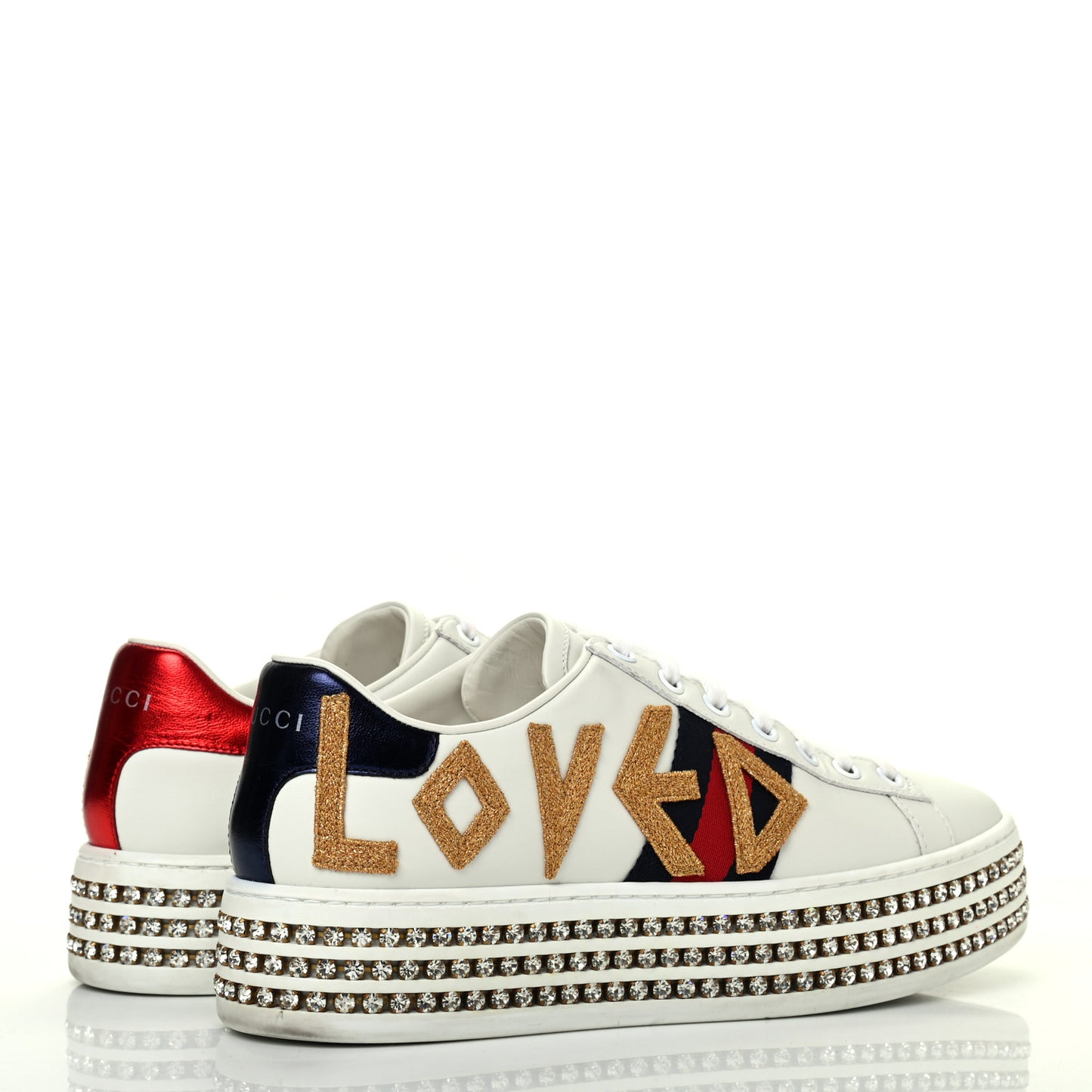 Calfskin Crystal Web LOVED Embroidered Womens Ace Platform Sneakers 37 White Red Flame Notte