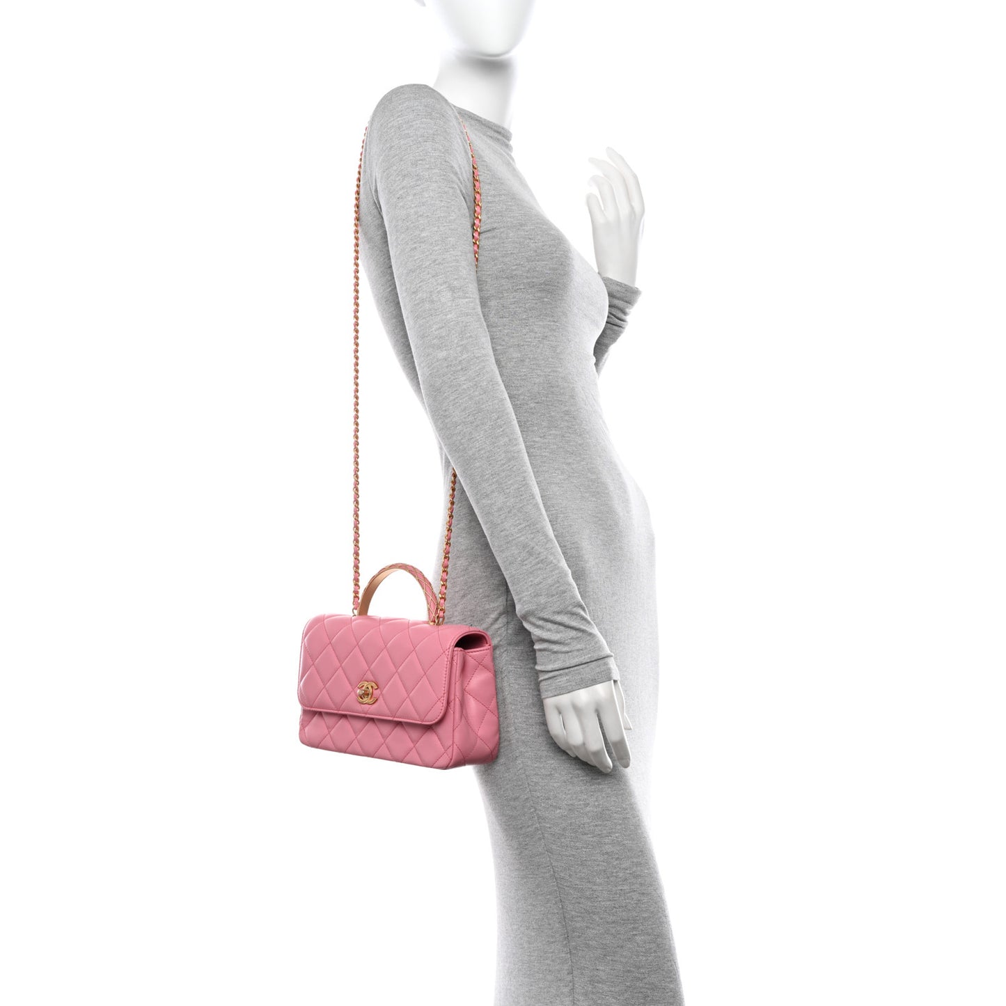 Lambskin Metal Quilted Twist Top Handle Flap With Chain Light Pink